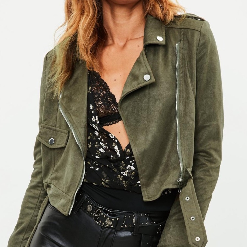 Missguided Petite Green faux suede biker jacket